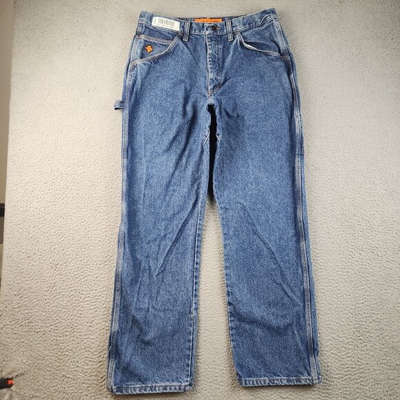 Wrangler Riggs Jeans Mens 34x32 Blue Workwear Carpenter FR Relaxed Faded Denim - Picture 2 of 16